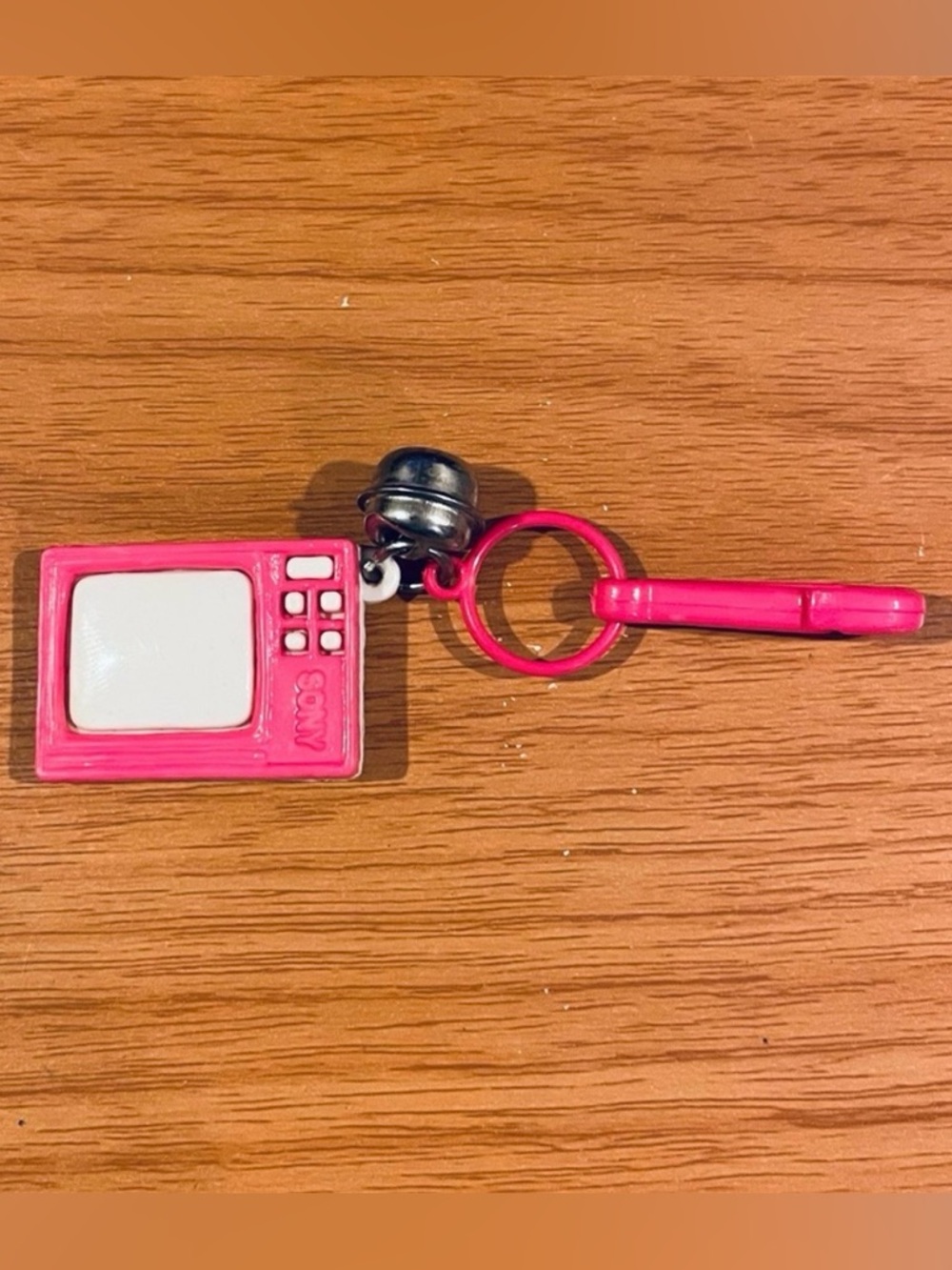 Vintage 1980s Plastic Bell Charm TV Television Sony 80s Necklace Hot Pink